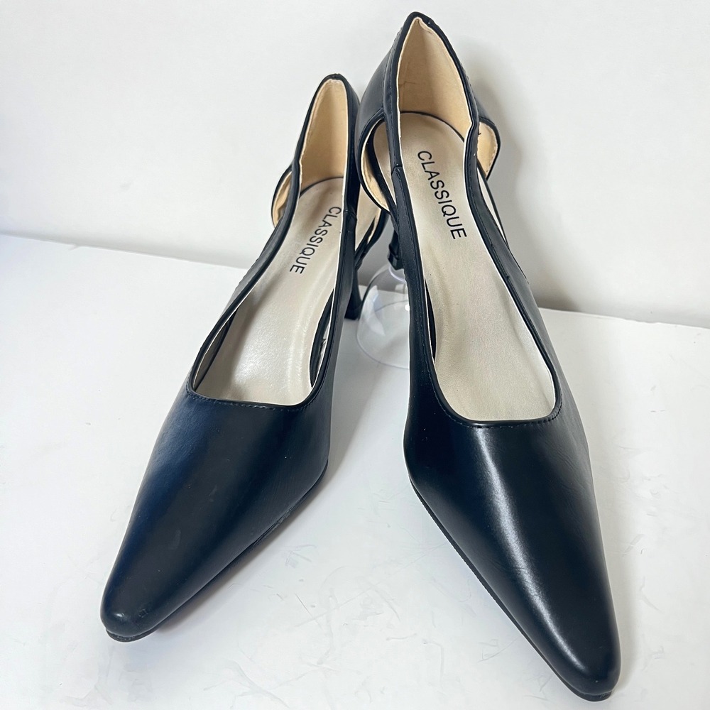 Classique‎ Womens Black Pointed Toe Kitten Heel Cut Out Pumps Size 10M 90s New